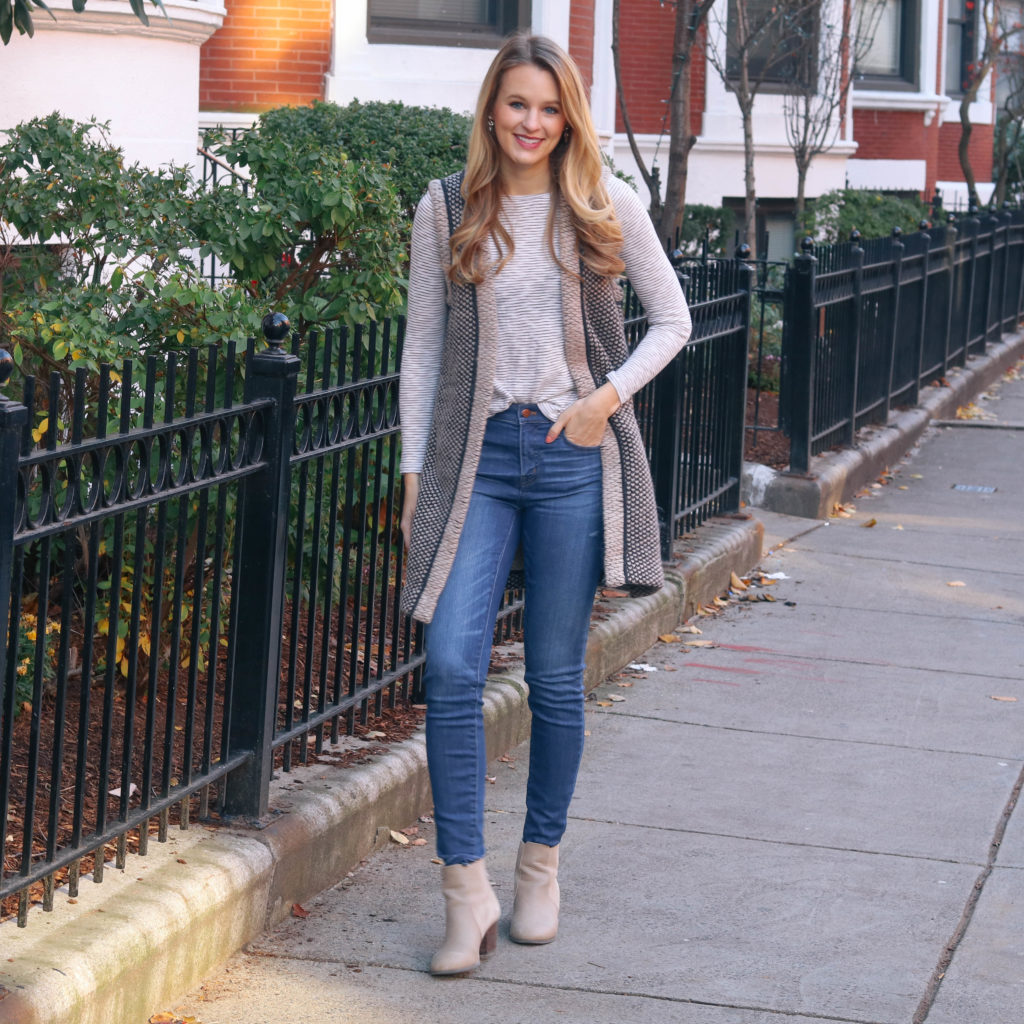 Staying cozy with a wool knit Club Monaco vest essential for a Boston winter