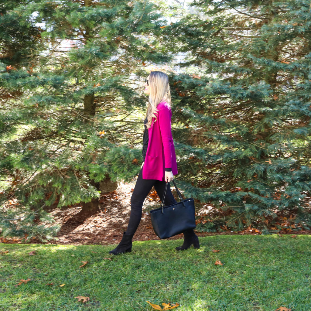 A crisp walk among the trees wearing cozy cashmere by Ellie Kai