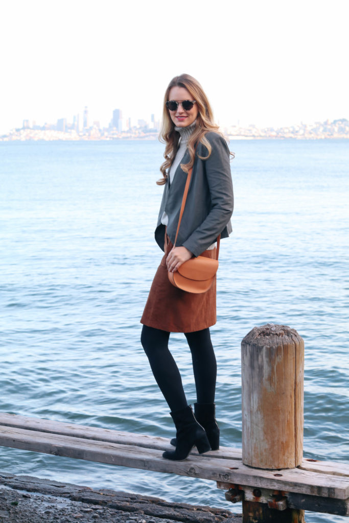 BB Dakota leather jacket and black suede Free People booties for an evening spent walking around downtown Sausalito, California