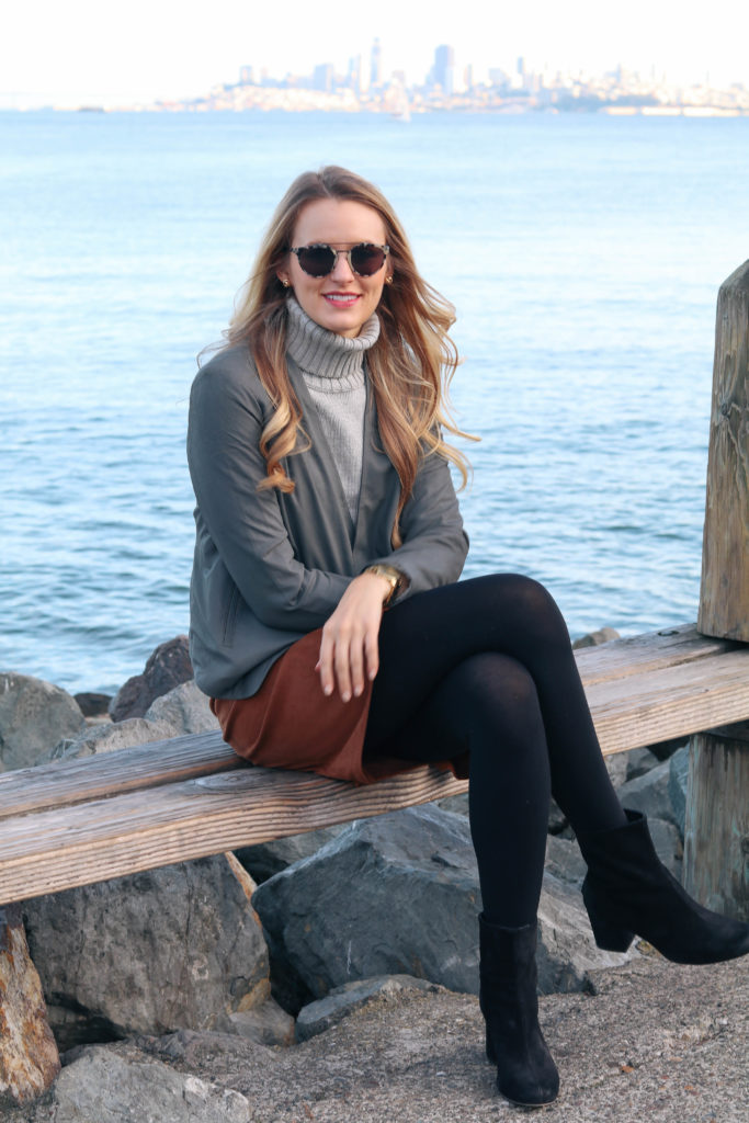 BB Dakota leather jacket and black suede Free People booties for an evening spent walking around downtown Sausalito, California
