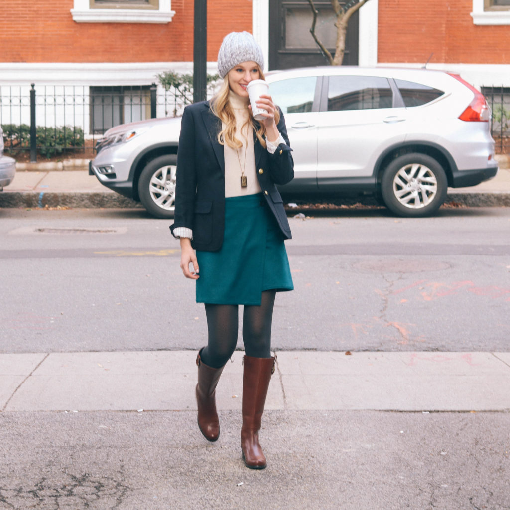 Fashion blogger Leigha Gardner of The Lilac Press wearing a classic navy blazer from J.Crew in Boston's Back Bay.