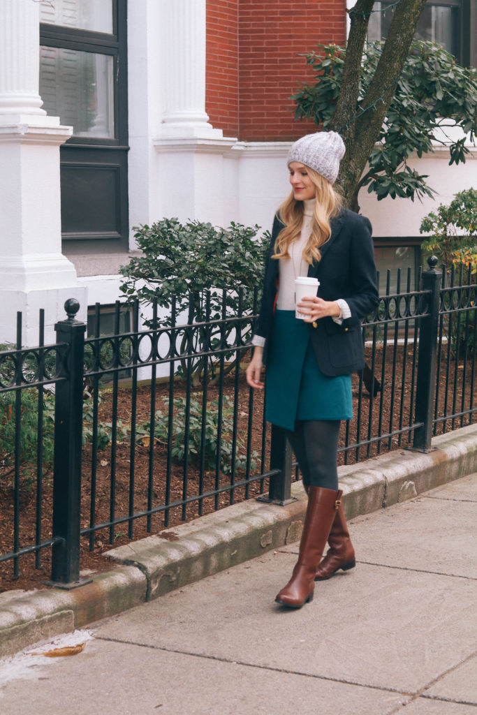 Fashion blogger Leigha Gardner of The Lilac Press wearing a classic navy blazer from J.Crew in Boston's Back Bay.