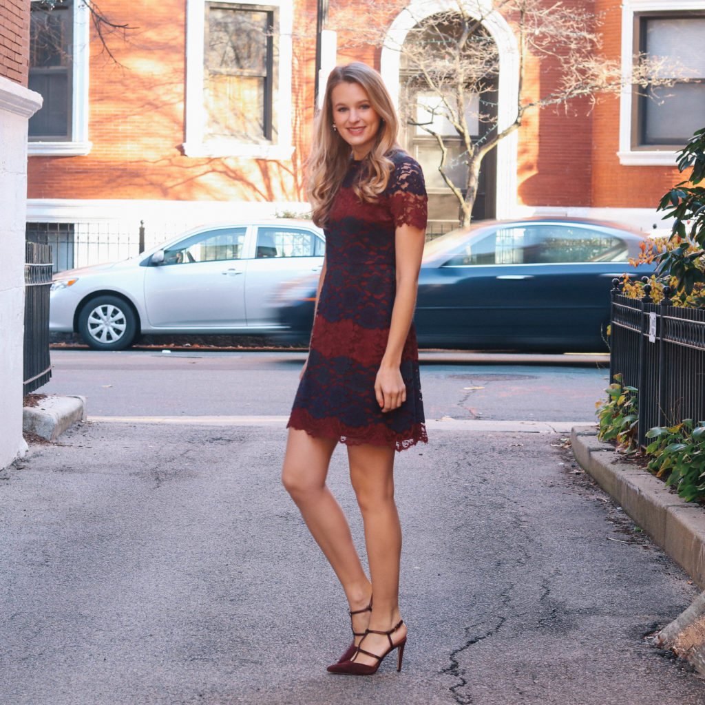 Dressed up in burgundy wine and navy blue lace by Maggy London to plan this season's holiday party - it is important to look and feel good as the host!