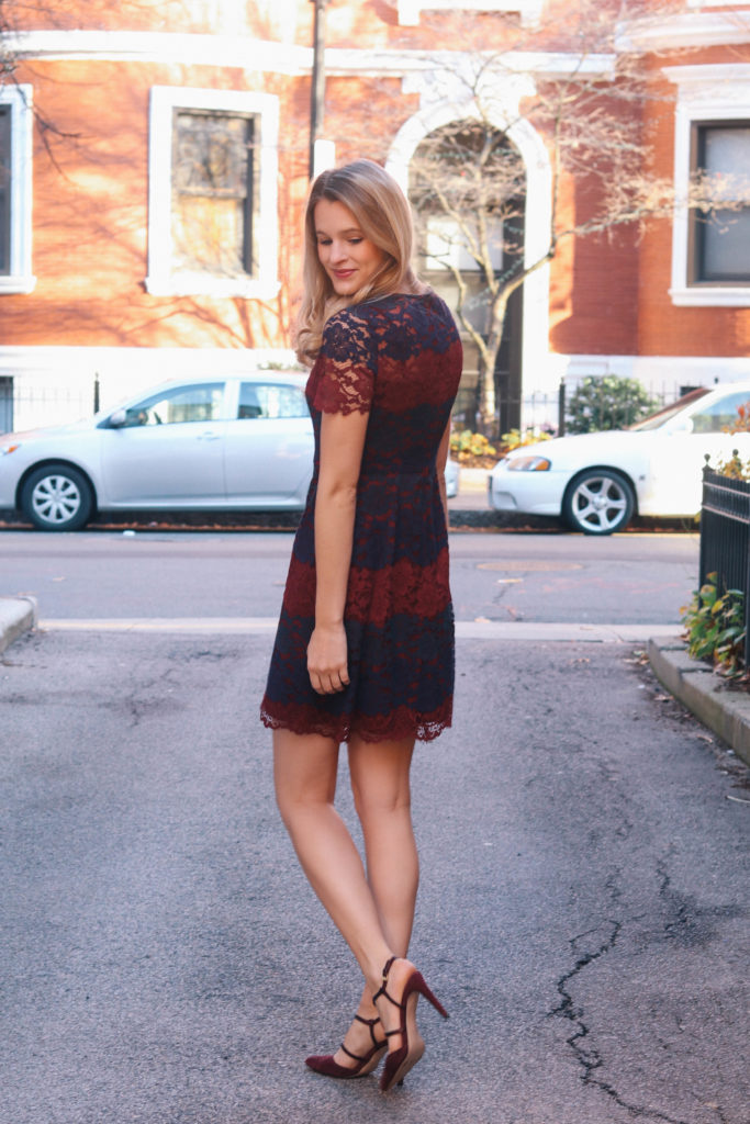 Dressed up in burgundy wine and navy blue lace by Maggy London to plan this season's holiday party - it is important to look and feel good as the host!