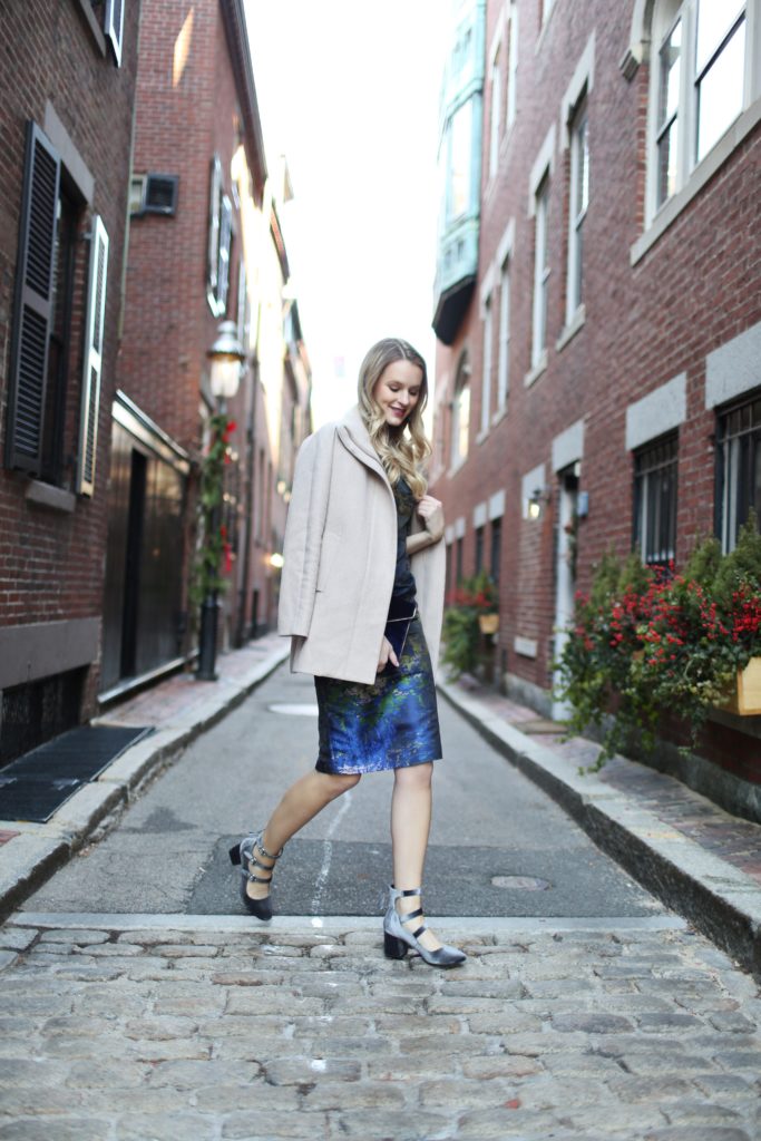 Lifestyle blogger Leigha Gardner of The Lilac Press wearing a Maggy London off-the-shoulder look while walking around Beacon Hill, Boston.