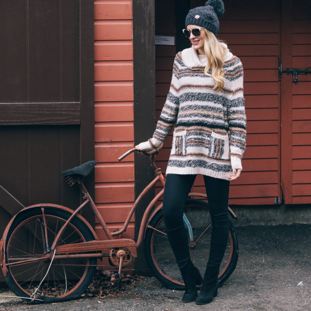 Lifestyle blogger Leigha Gardner of The Lilac Press wearing a striped cowl neck sweater in winter earth tones just outside of Boston, MA.