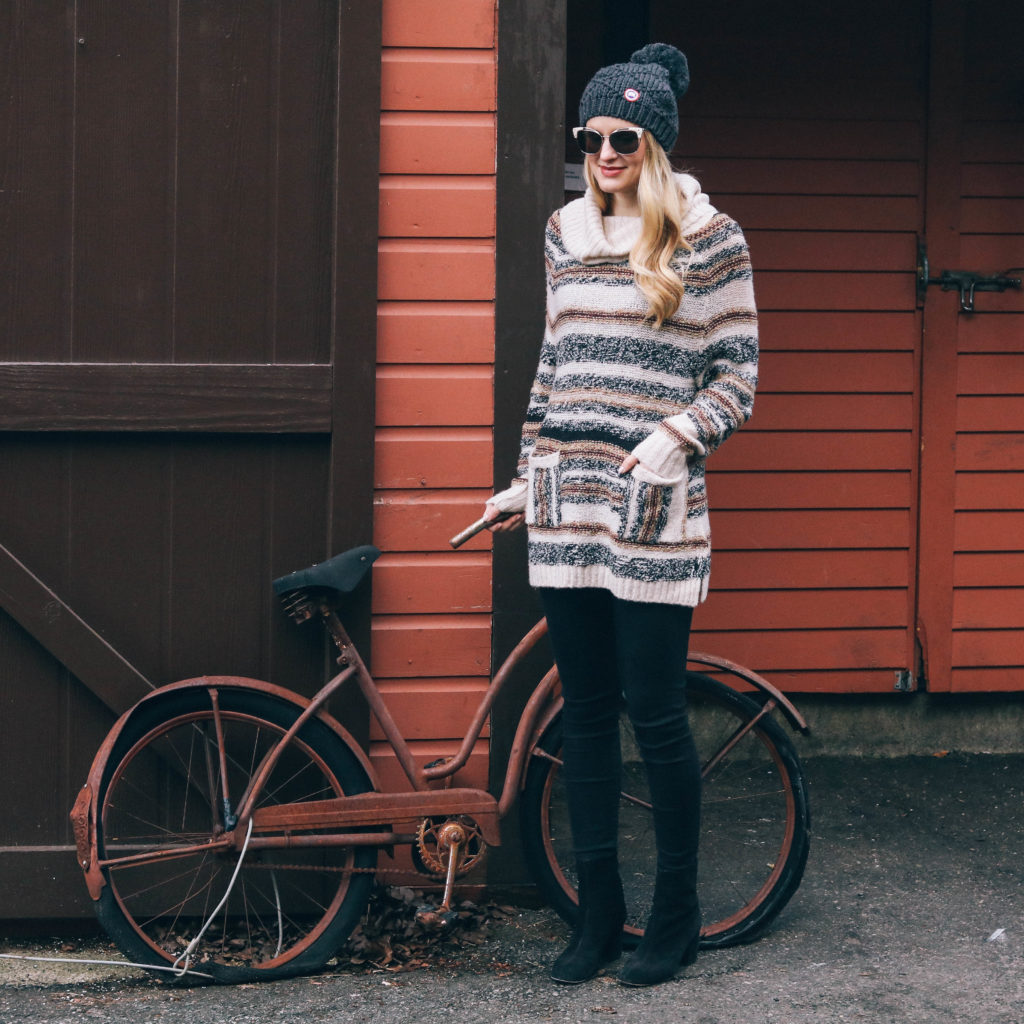 Lifestyle blogger Leigha Gardner of The Lilac Press wearing a striped cowl neck sweater in winter earth tones just outside of Boston, MA.