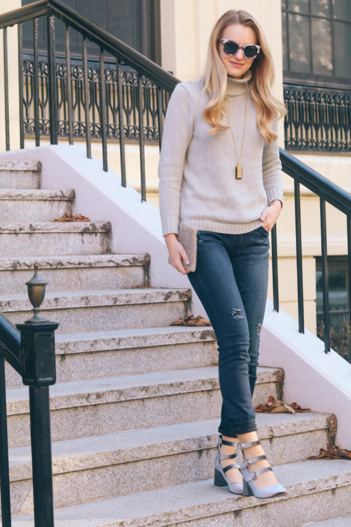 Lifestyle blogger Leigha Gardner of The Lilac Press wearing a dressed up casual denim look in the streets of Boston