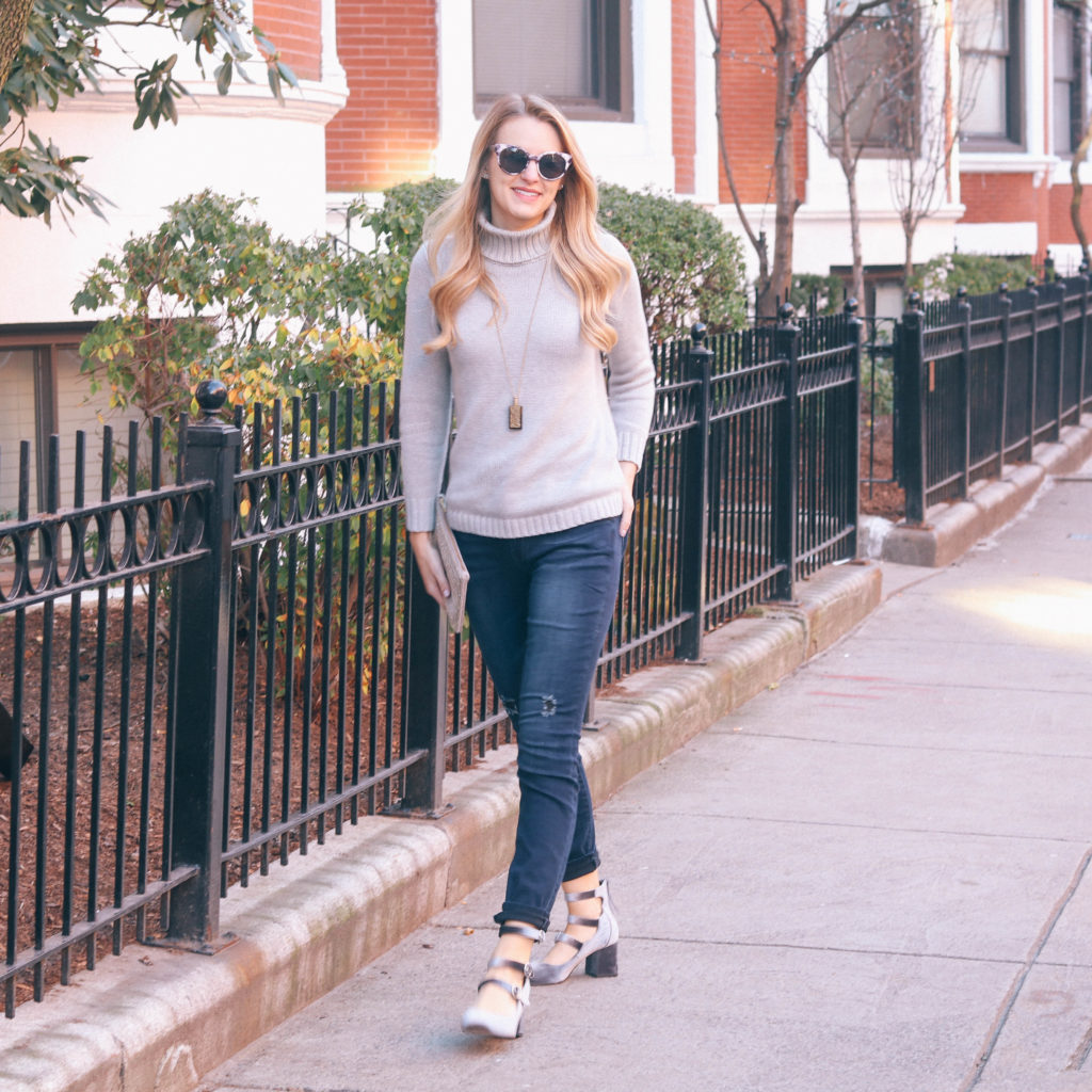 Lifestyle blogger Leigha Gardner of The Lilac Press wearing a dressed up casual denim look in the streets of Boston