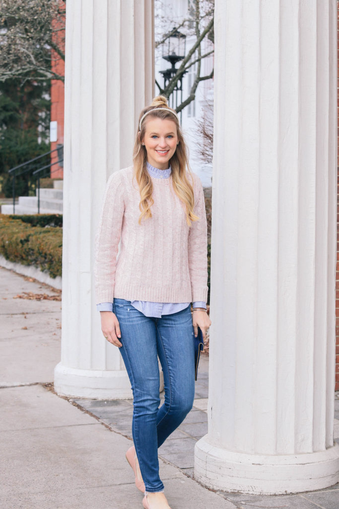 Fashion blogger Leigha Gardner Gardner of The Lilac Press wearing a blush pink/lilac cable knit sweater from J.Crew Factory