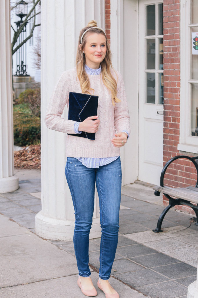 Fashion blogger Leigha Gardner Gardner of The Lilac Press wearing a blush pink/lilac cable knit sweater from J.Crew Factory