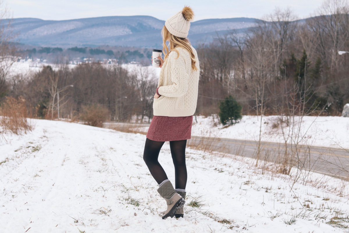 Lifestyle blogger Leigha Gardner of The Lilac Press wearing a Carraig Donn Irish knit sweater while exploring the Berkshires