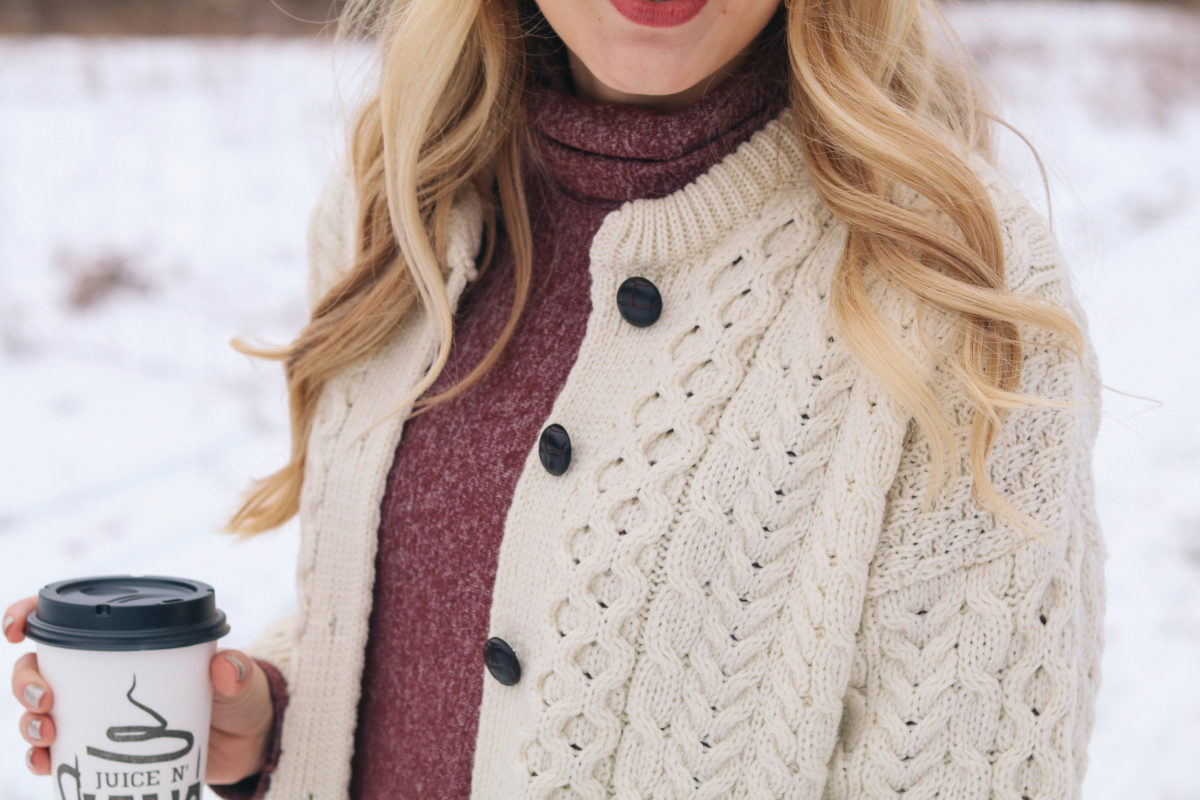 Lifestyle blogger Leigha Gardner of The Lilac Press wearing a Carraig Donn Irish knit sweater while exploring the Berkshires