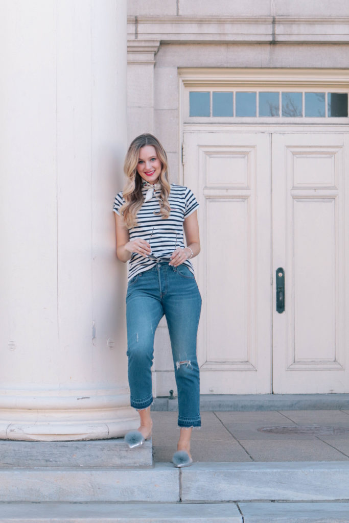 Style blogger, Leigha Gardner, of The Lilac Press wearing a French inspired navy and white striped tee and Tory Burch silk neck scarf.