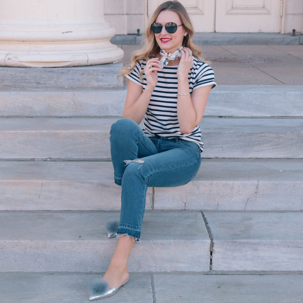 Style blogger, Leigha Gardner, of The Lilac Press wearing a French inspired navy and white striped tee and Tory Burch silk neck scarf.