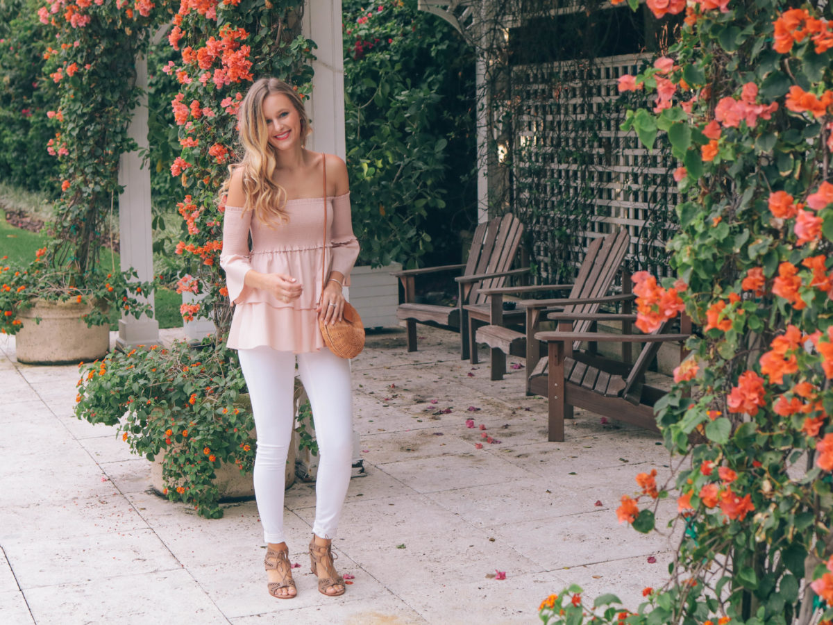 Leigha Gardner, of The Lilac Press, wearing an off-the-shoulder poplin top for date night in Miami.