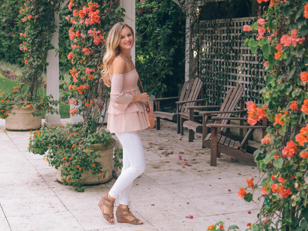 Leigha Gardner, of The Lilac Press, wearing an off-the-shoulder poplin top for date night in Miami.