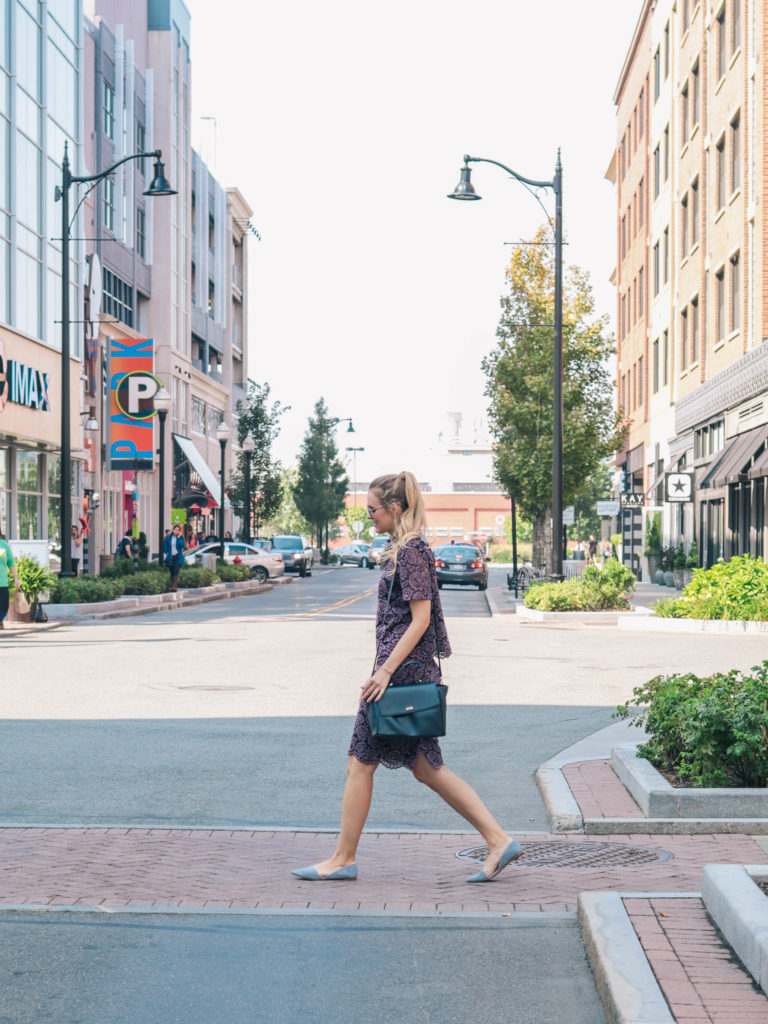 Fashion blogger, Leigha Gardner, of The Lilac Press shopping all the outlets and factory stores for the new fall season at Assembly Row in Somerville, MA