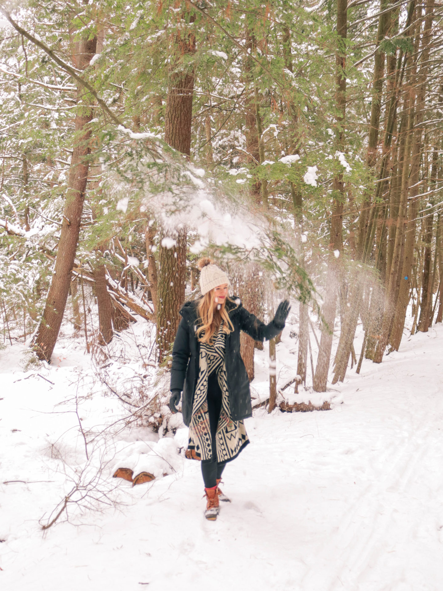 Style blogger, Leigha Gardner, of The Lilac Press wearing a favorite cozy Baciano sweater in the snowy Berkshires.