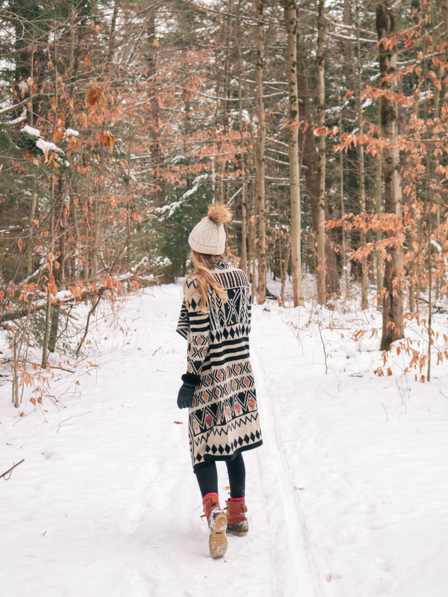 Style blogger, Leigha Gardner, of The Lilac Press wearing a favorite cozy Baciano sweater in the snowy Berkshires.