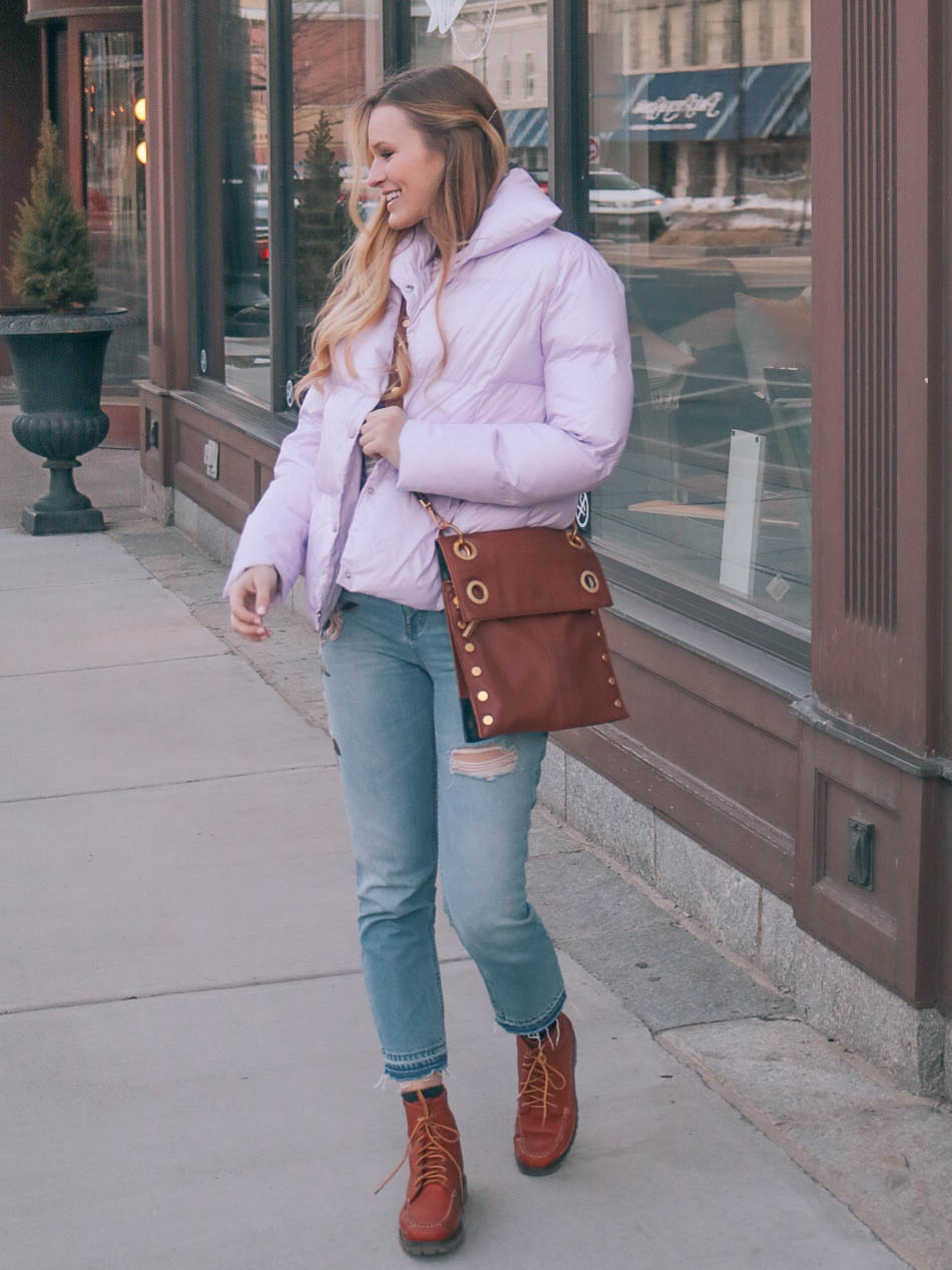 embracing spring with floral embroidered denim and a lilac puffer