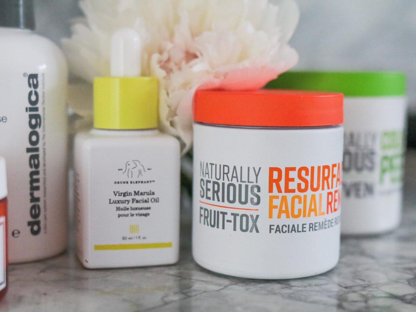 6 skincare revival product picks, featuring Drunk Elephant Virgin Marula Oil and Naturally Serious Fruit-tox