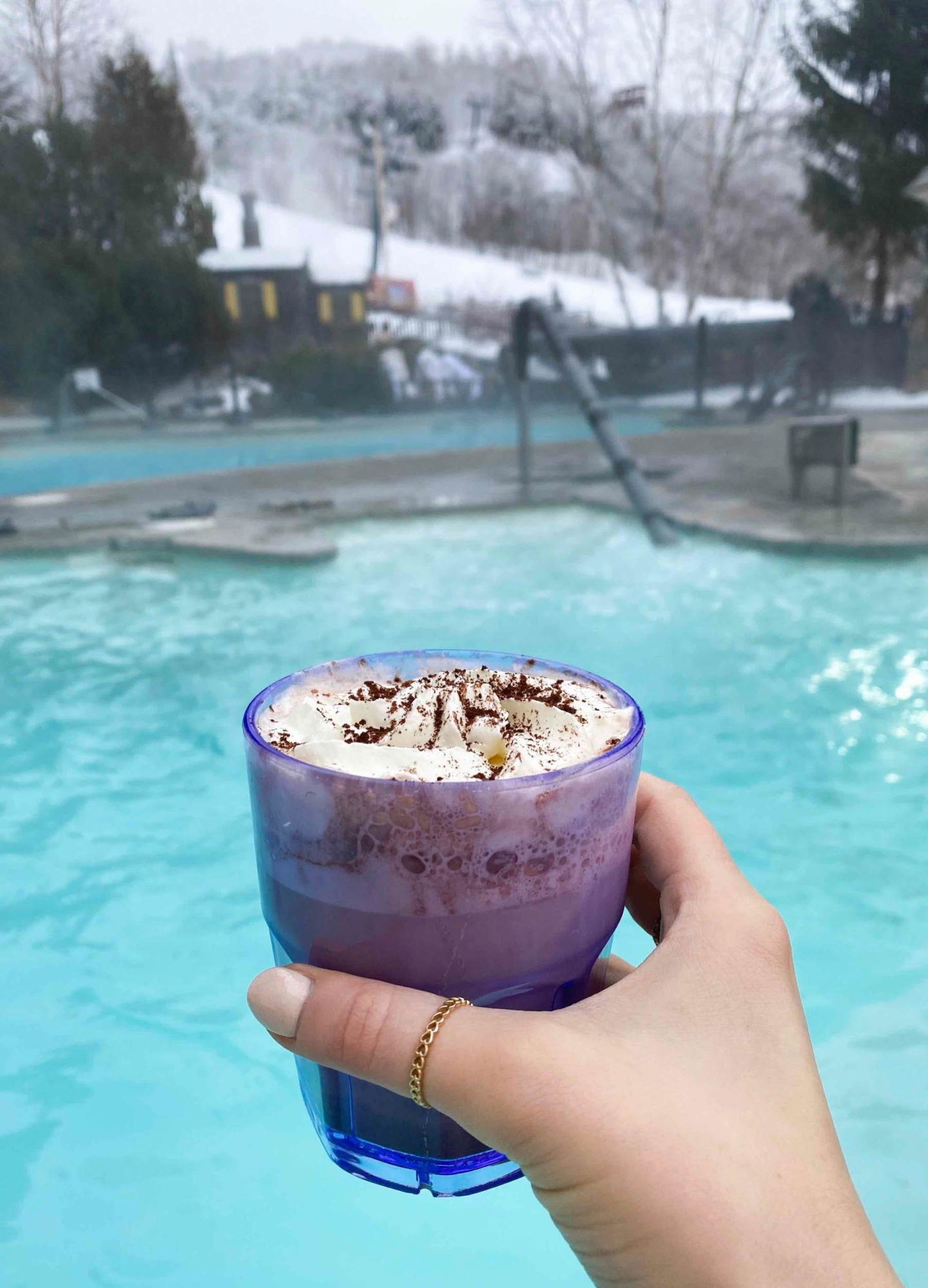 The most magical ski trip to Mont-Tremblant in the heated outdoor pool with hot chocolate